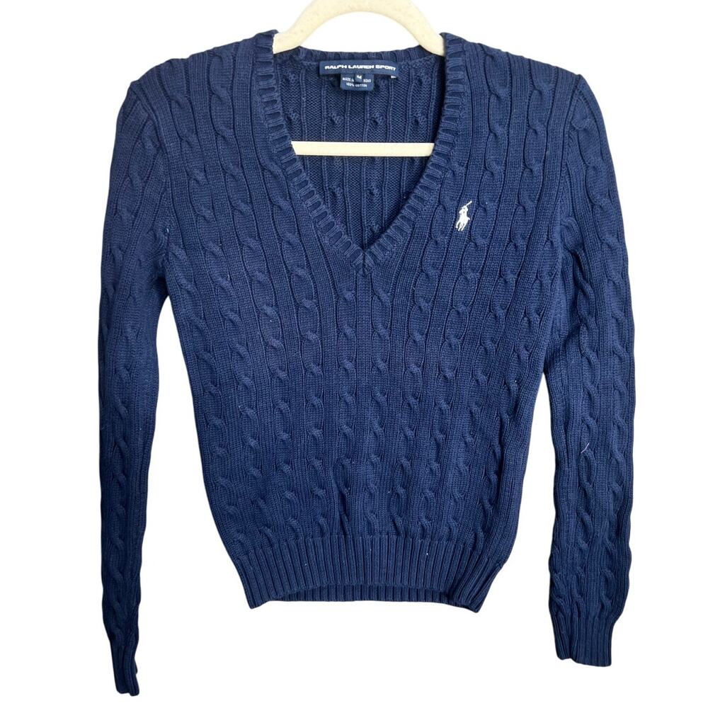 Ralph Lauren Sport Sweater Womens M Cable Knit V Neck Classic Pullover Preppy